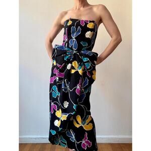 Vintage 1980s Victor Costa Floral Cotton Bow Detail Cocktail Dress
